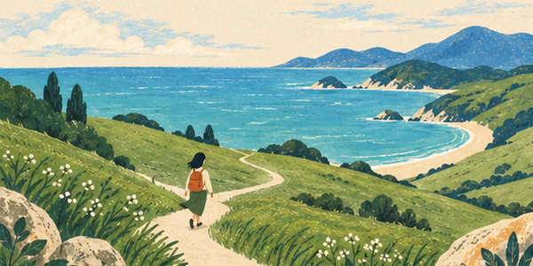 A painted coastal path winding through green hills beside a blue sea.